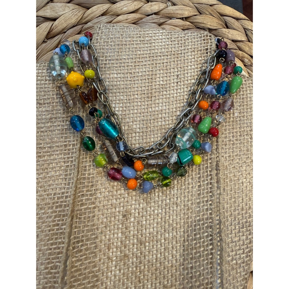 Vintage Multi Strand Colorful Glass Bead Statement Necklace Silver Tone Chain